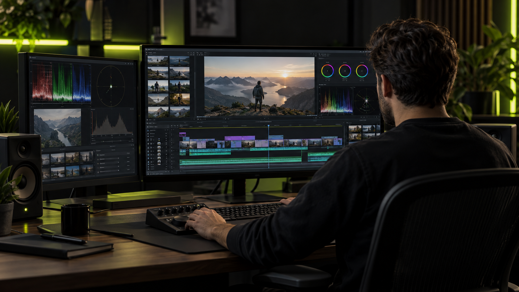 Video editor working at a professional post-production desk